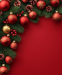 A festive Christmas scene adorned with shimmering red and gold ornaments, intertwined with fragrant pine cones, evoking warmth and joy of the holiday season.