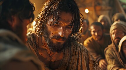Fototapeta premium A close-up of Jesus healing a poor man’s swollen hand, the humble room filled with disciples witnessing the miracle, warm light highlighting their faces, detailed background with simple furnishings,