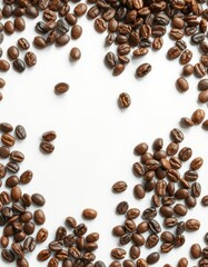 Naklejka premium Freshly roasted coffee beans scattered on a white surface ready for brewing rich flavored coffee drinks