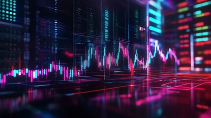 A futuristic stock chart with neon lines and data points floating in a virtual environment