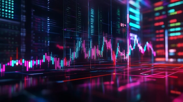A futuristic stock chart with neon lines and data points floating in a virtual environment