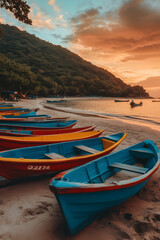 Tropical Beach at Sunset, Colorful Boats on Sand
