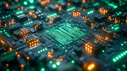 Obraz premium Futuristic digital circuit board with glowing green and orange lights