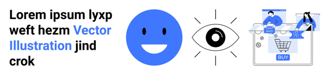 Blue happy face, an eye symbol, and two people interacting with a shopping cart interface. Ideal for e-commerce, UIUX design, online shopping, digital marketing, customer experience, visual design
