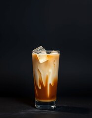 Refreshing iced coffee with cream swirls captured on a dark background