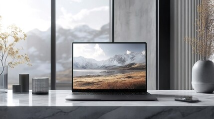 Fototapeta premium A minimalistic and clean workspace setup featuring a sleek laptop