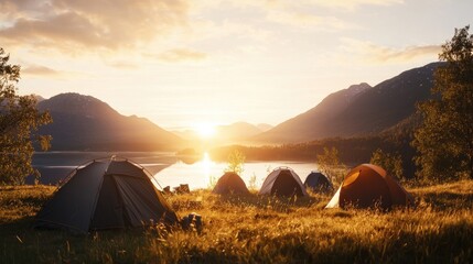 Serene Camping Scene at Sunrise by the Calm Mountain Lake