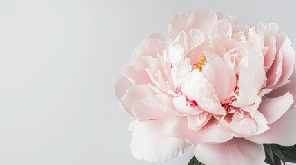 A soft pink peony against a light gray background, close-up shot, Minimalist style