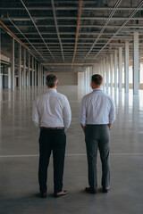 Fototapeta premium Business professionals assess empty warehouse space in modern industrial setting