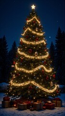 Sparkling Christmas Tree with Presents in a Winter Forest