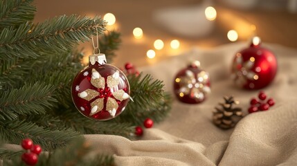 Obraz premium A dazzling Christmas tree adorned with colorful ornaments, twinkling lights shimmering in the background, creating a festive atmosphere of joy and warmth.