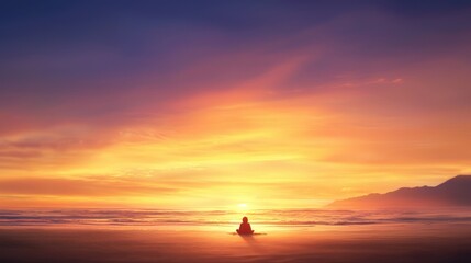 Serene Beach Sunset with Solitary Figure Meditating at Dusk