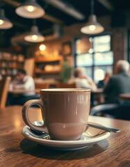 Warm coffee cup on a wooden table in a cozy cafe during a quiet afternoon