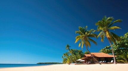 Obraz premium Serene Tropical Beach with Palm Trees and Charming Hut Serenity