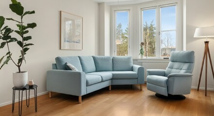 Fototapeta premium Dark blue sofa and recliner chair in scandinavian apartment with Interior design of modern living room