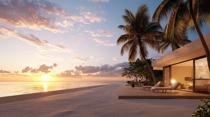 Serene Sunset Over Tropical Beach with Palm Trees and Modern Villa