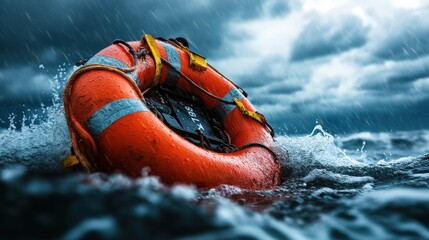 A vibrant orange lifebuoy floats on tumultuous seas, symbolizing safety and rescue amidst chaos, highlighting the importance of preparedness and maritime security.