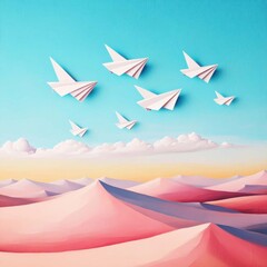 Paper airplanes in a surreal sky landscape flight schedules and departure itineraries
