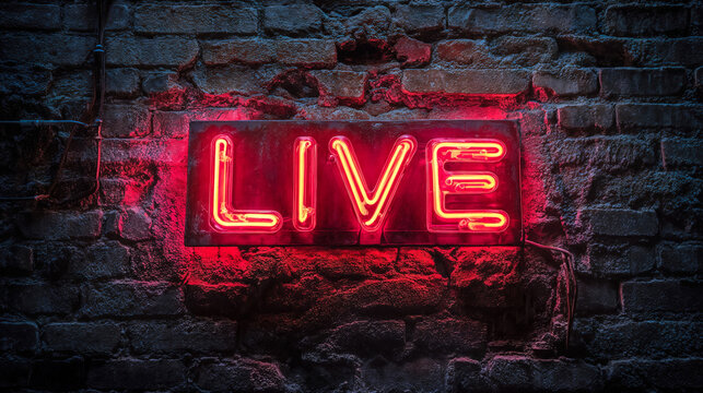 A red neon sign saying Live on a brick wall. Backgrounds for live broadcasts