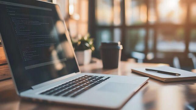 A laptop is open on a desk with a cup of coffee next to it - Powered by Adobe