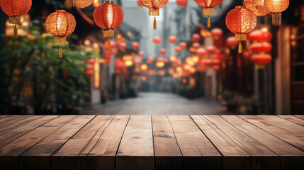 Wooden table with a view of a street with red lanterns hanging overhead. The lanterns are lit up...