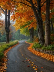 Obraz premium Autumn landscape with colorful maple leaves along a road.