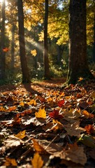 Obraz premium Autumn leaves falling in a sunlit forest.