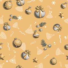 Cute 3D Christmas and New Year seamless pattern golden