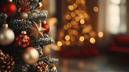 A beautifully adorned Christmas tree sparkles with colorful ornaments and twinkling lights, radiating festive cheer in a cozy holiday setting.