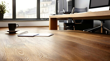 Fototapeta premium A wooden desk with a cup of coffee and a notebook on it