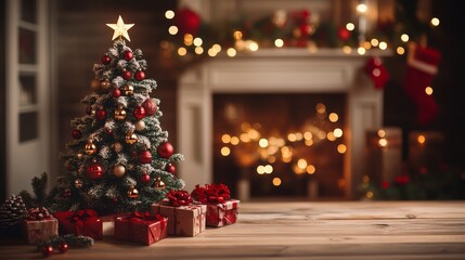A beautifully decorated Christmas tree stands tall, surrounded by colorful presents, while a warm fireplace crackles softly in the background, radiating holiday cheer.