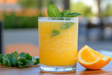 Fototapeta premium Refreshing citrus drink garnished with mint in a stylish glass on a wooden surface