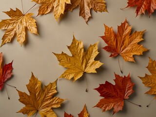 Autumn maple leaves in a beige background, top view.