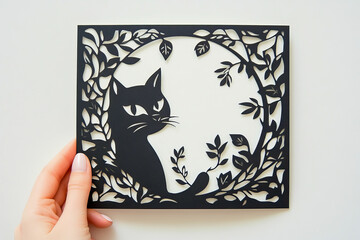 Intricate cat papercut art in hand with leafy design