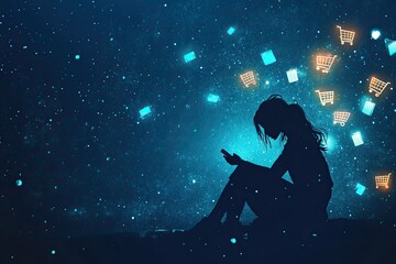 Fototapeta premium Silhouette of Girl with Phone and Floating Shopping Cart Icons