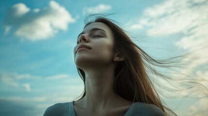 A woman with her eyes closed, exhaling a deep breath, with a serene and thoughtful expression on her face, set against a backdrop of blue sky with scattered clouds.