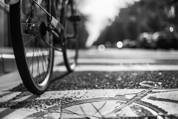 Obraz premium The image shows a bicycle on the edge of a brick road, likely indicating an urban setting with traffic rules. The wheelchair sign suggests accessibility features for all types of transportation users.