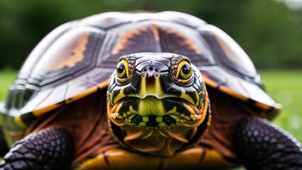 Obraz premium This image captures the intricate details of a helmeted turtle's face.