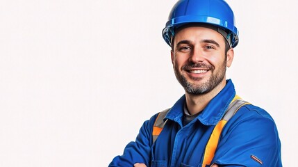 Smiling Male Worker in Blue Uniform and Hard Hat on White Background