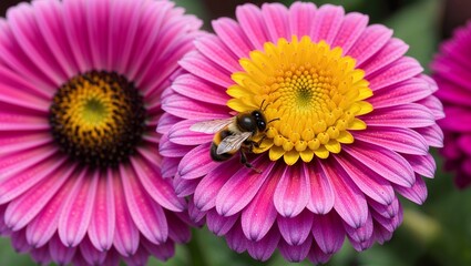 Obraz premium A bumblebee gathers nectar from bright pink flowers in bloom.