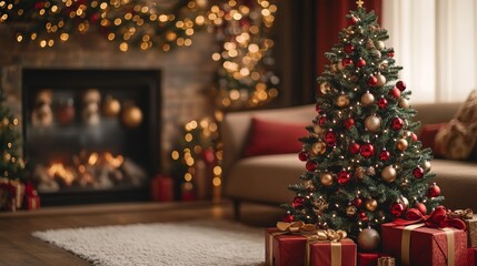 A whimsical giraffe adorned with festive ornaments stands beside a beautifully decorated Christmas tree, surrounded by colorful presents and a warm fireplace glow.