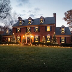 Classic brick house with Christmas wreaths, twinkling lights, and dusk backdrop of lush grass, warm lighting illuminating the scene.