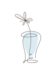 Flower in a vase, beautiful graphic illustration with a continuous single line, hand-drawn, vector. A botanical composition for decoration, decoration, postcards, holidays. Contoured modern drawing