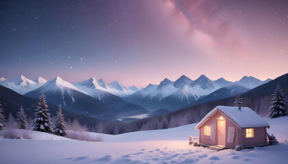 Fototapeta premium Snowy mountain peaks under a starry night sky