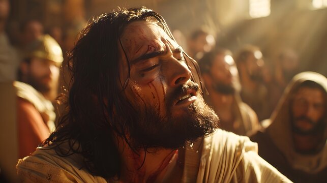 Close-up of Jesus healing a man with dropsy inside a synagogue, the man&rsquo;s face showing relief as swelling subsides, onlookers whispering among themselves, sunlight pouring in from a high window,