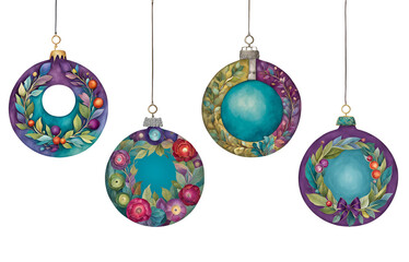 Four cut paper illustrations of wreath-themed baubles in bold cool colours
