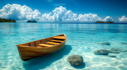 Naklejka premium Serene tropical seascape with wooden boat and clear blue water