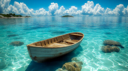 Obraz premium Wooden rowboat on clear blue tropical sea under bright clouds