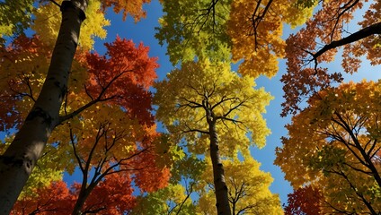 Autumn tree canopy viewed from below, with colorful foliage.