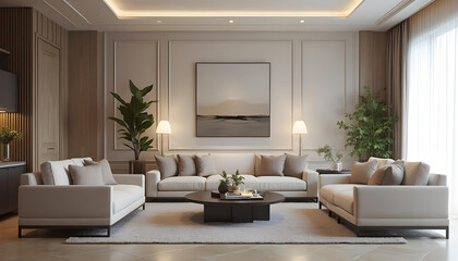 Stylish interior of living room with comfortable sofas and table